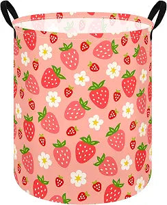 Kids Laundry Hamper Clothes Gift Basket Storage Laundry Baskets Organizer Bin with Handles for Nursery Room (Strawberry)