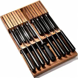 In Drawer Knife Block Acacia Wood Kitchen Knives Drawer Organizer Large