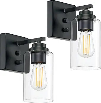 Loyareal Wall Sconces Set of Two, Wall Mounted Bedside Lamps with Rotary Switch, Matte Black Sconces Wall Lighting, Bathroom Light Fixtures with Clear Glass Shade, Wall Lights for Bedroom Living Room