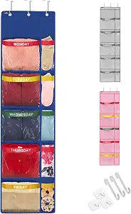 Handy Laundry Weekly Clothes Organizer for Kids  5-Shelf Hanging Closet Storage with Day of the Week Labels, Over the Door or Wall Mount, Large Capacity, Encourages Routine, Blue