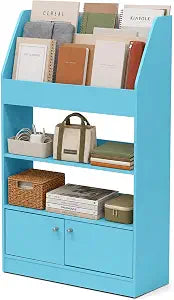Furinno LOVA Book Shelf, Magazine Bookshelf, Bookcase with Storage Cabinet, 9.4 x 24.6 x 43.3, for Living Room, Bedroom, Home Office, Light Blue