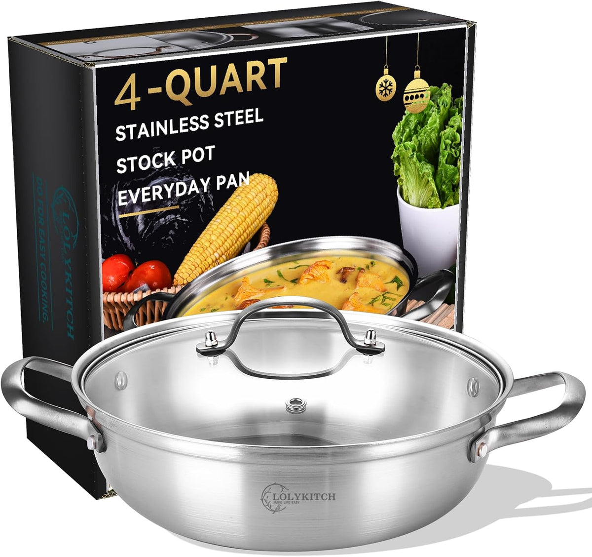 LOLYKITCH 4-Quart Stainless Steel Kadai with Lid | 12-Inch Hotpot Pot