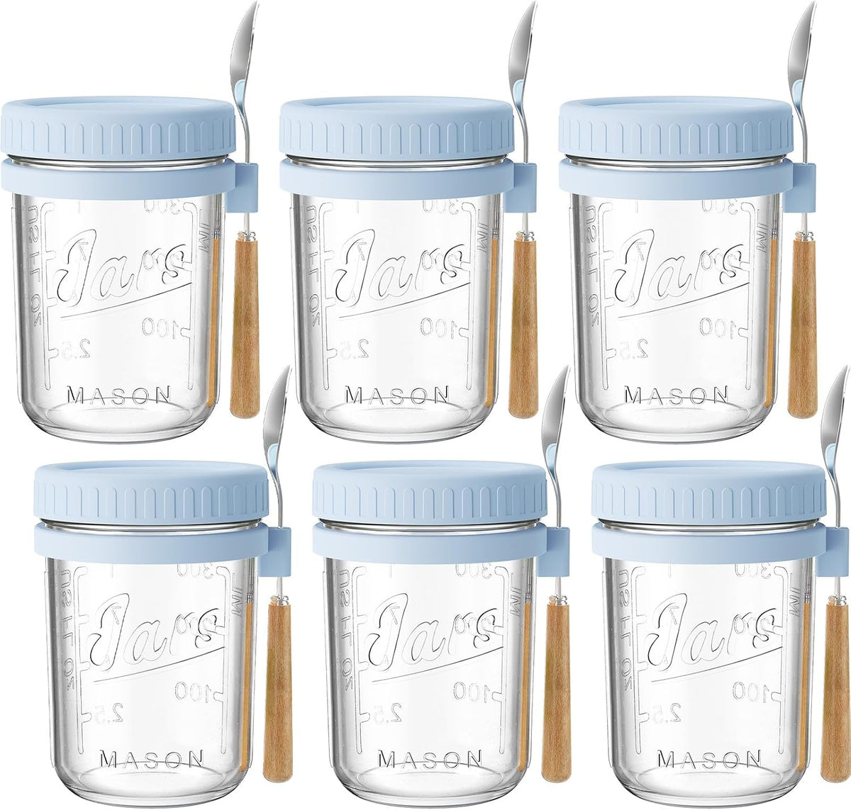 16oz Glass Overnight Oats Containers with Lids and Spoons, 6 Pack Blue