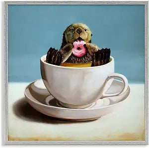 Cute Seal Donut Coffee Tea Cup, 17 x 17 Inch Framed Gicle Print