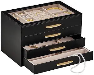 Lolalet Jewelry Box Organizer Case with Glass Lid for Women -4Layer, Black