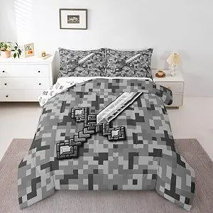Castle Fairy Grey Pixel Style Comforter Set Twin Size,Geometric Miner Grid Bedding Sets 2Pcs for Kids Girls Boys Room Decor,Cool Sword Duvet Insert Video Games Quilted Duvet,1 Pillowcase