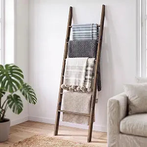 6-Tier Blanket Ladder Acacia Wood, 5.7FT(66.5'') Blanket Quilt Towel Holder Rack Decorative Ladder Wooden, Easy Assembly, Rustic Farmhouse Ladder Shelf for the Living Room Bedroom Bathroom Home Decor