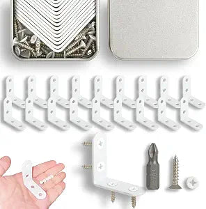 18Pcs White L Bracket & 72 Pcs Screws, 1.57x1.57 Inch Corner Brace, Small Right Angle Bracket, Shelf Bracket, Corner Fastener for Wood Furniture Bedframe Cabinet Drawer Chair