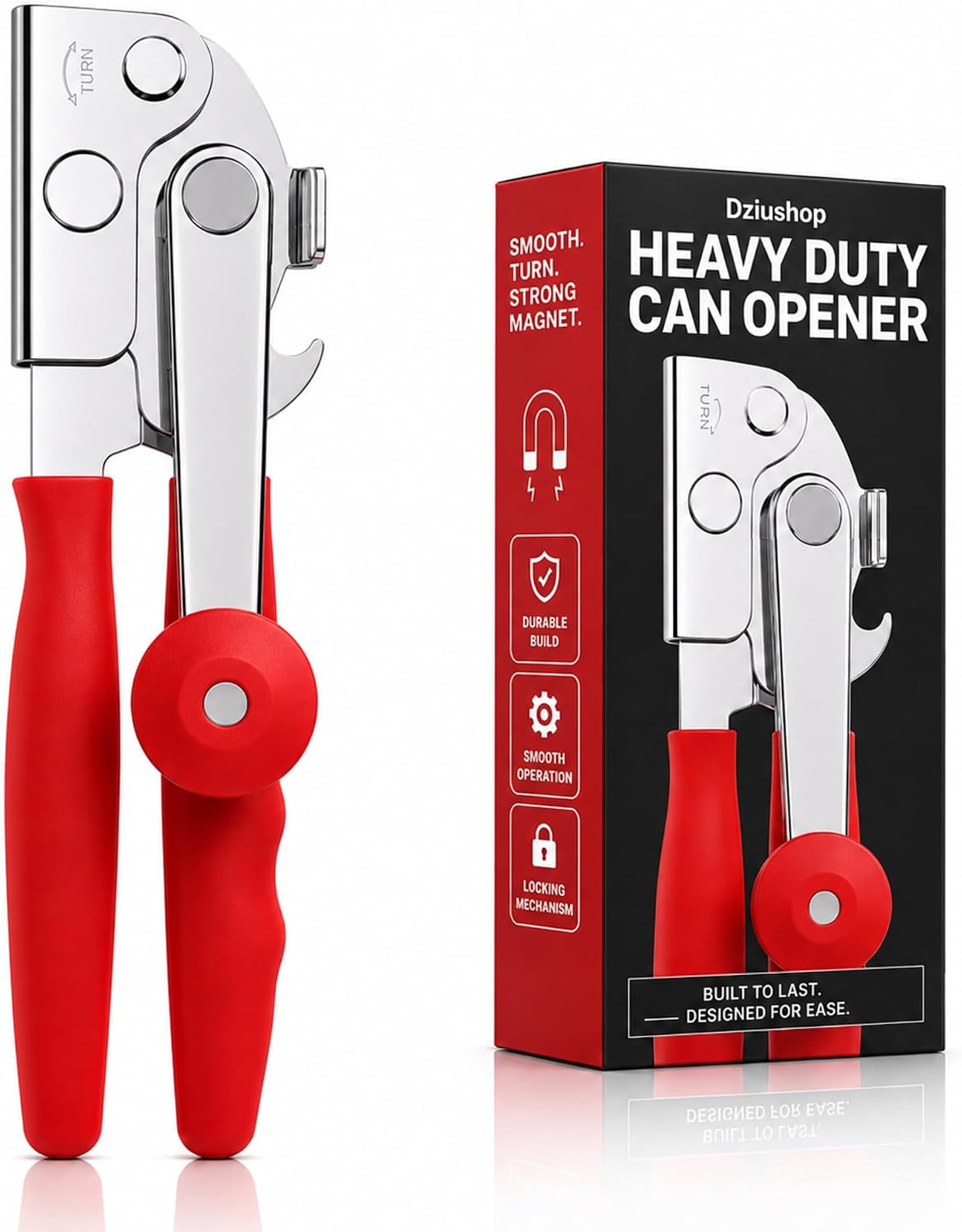 Heavy Duty Can Opener for Large and Small Cans - Manual Stainless Steel Can Opener with Ergonomic Long Handles - 360 Smooth Crank, Non Slip Grip, 2 in 1 Bottle Opener for Home, Cafes and Restaurants