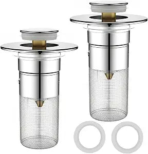 2 Pack Bathroom Sink Stopper Drain Strainer, Pop-Up Sink Filter with Removable Stainless Steel Hair Catcher, Prevent Clogs and Odor, Universal Bathroom Sink Drain Strainer for Sink, Bathtubs & Showers