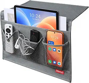 Bedside Storage Organizer with 4 Pockets, Bedside Caddy, Table Cabinet Storage Organizer for TV Remote Control, Phones, Magazines, Tablets, Accessories, Grey