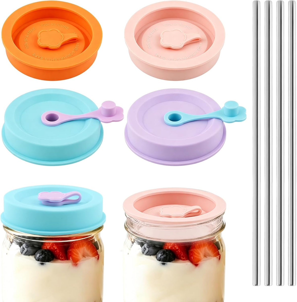 Silicone Mason Jar Drinking Lids with Straws, 4 Pack, Leak-Proof