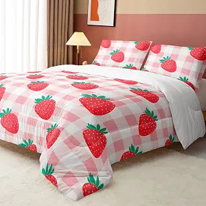 Kawaii Strawberry Comforter Bedding Set for Girls ,Pink Grid Pattern Bedding Set with 1 Comforter and 2 Pillowcases for Girls Bedroom All Season(Strawberry Twin 68x86inches)