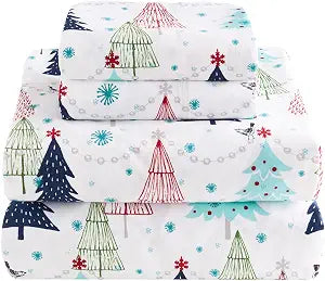 Levtex Home Merry & Bright Collection - White Pine Twin Sheet Set - Top Sheet (66x96in.), Fitted Sheet (39x75), and One Pillowcase (20x30in.) - Christmas Tree - Blue, Red, Green and White - Polyester