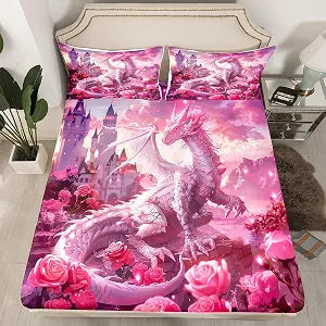 Manfei Western Dragon Kids Fitted Sheet Twin Size, Tale Castle Dragon Dreamy Bedding Set, Girls Boys Room Decor, Trippy Bed Cover, Pink Romantic Bed Sheet, 1 Pillowcase