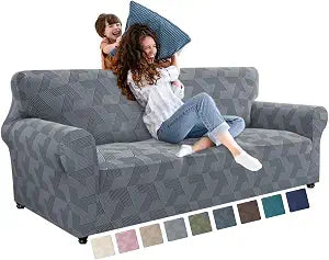 JIVINER 1 Piece Couch Cover for 3 Cushion Couch, High Stretch Sofa Covers with Elastic Bottom, Washable Sofa Slipcovers for Dog, Pets Feature Geometrical Jacquard Fabric (Sofa, Light Grey)