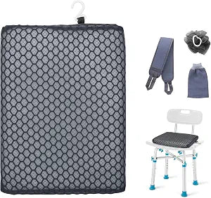 Anycosy Shower Seat Cushion Waterproof,Bathtub Cushion for Transfer Benches,Slip-Resistant 3D Foam Mesh Bathtub Chair Pad with Hook,Quick Drying Shower Seat Mat for Elderly (Gray, Medium)