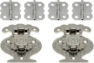 2 Pack Antique Bronze Vase Hasp Latch and Mini Flower Type Hinges Decorative Lock Buckle with Screwdriver Matching Screws [FDXGYH, Silver].