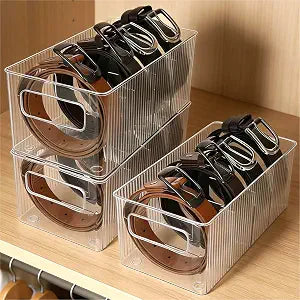 3 Pack Acrylic Belt Organizer - with Adjustable 4 Compartments & Stackable Design, Clear Storage for Closet and Drawer Organization, Display Case Pantry Cabinet Organizers for Ties,Socks,Underwear