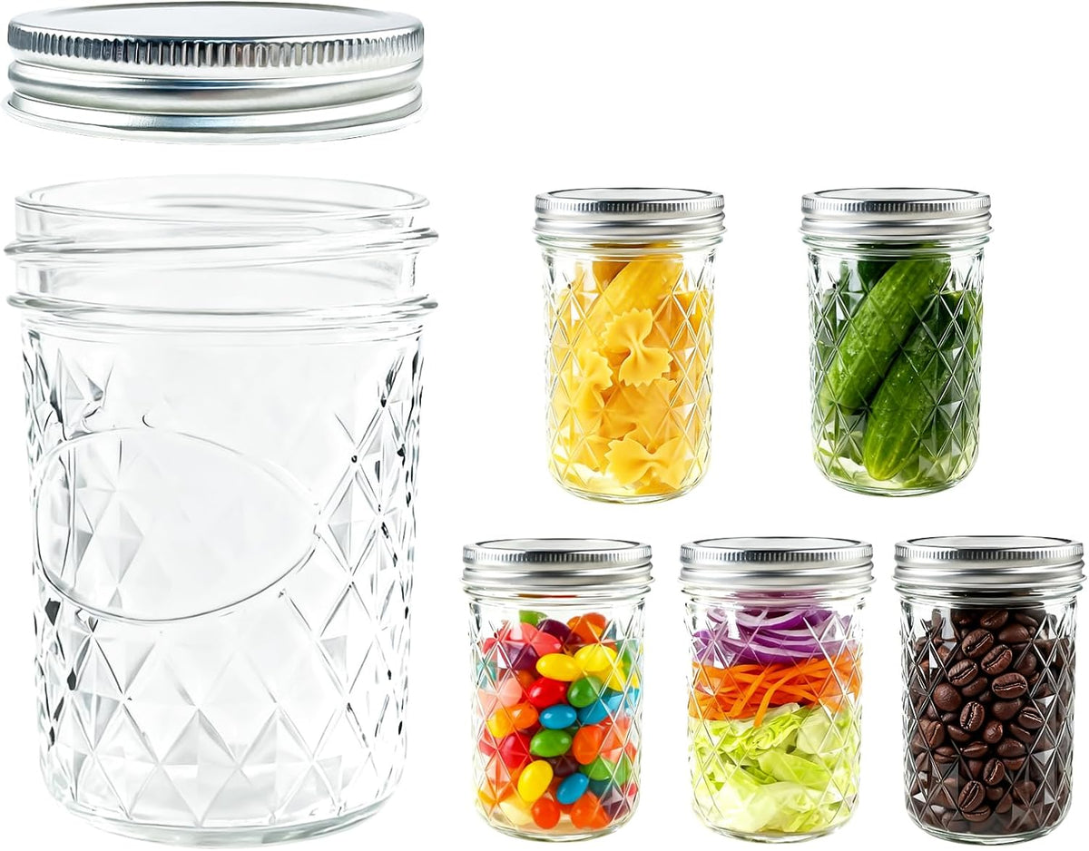 6Pack 8OZ Mason Jar Canning Jars Compatible with Mason Jar Vacuum Sealers for Canning Pickling