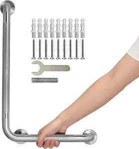 Angled Shower Grab Bar, 16x24 Inch Stainless Steel Bathroom Grab Bar, 1.25" Diameter L-Shaped Brushed Nickel Grab Bars for Bathtubs and Showers, Handicap Shower Grab Bar for Seniors Elderly