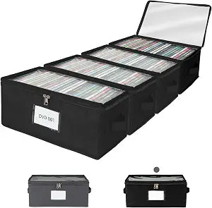 4 Pack Durable Fabric DVD Storage Box with Clear PVC Lid, Holds 25 Standard DVD Cases, Sturdy Non-Woven Fabric with Cardboard Support for Movie Collection, Black