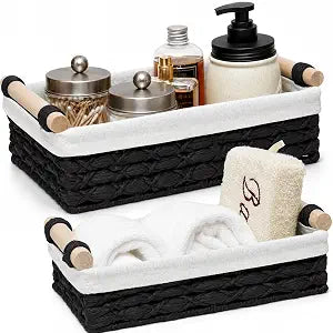 Black Bathroom Baskets Set of 2, Paper Rope, Wood Handles