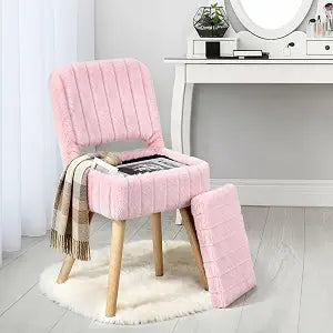 Vanity Stool Chair with Storage & Folding Back, Faux Rabbit Fur Soft Padded Seat Ottoman, 4 Solid Wood Legs Anti-Slip Feet, Small Stool for Vanity Desk for Makeuproom, Bedroom 15.7x12.5x28.7Pink