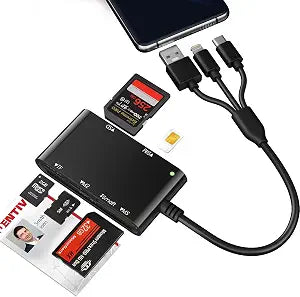 7 in 3 SIM Card Reader, Smart Card Reader with USB C/USB A/Lightning, Military CAC & PIV Card Reader, SD/TF/M2/IC/MMC/Memory Stick Pro Duo Adapter for iPhone/Windows/Mac/Linux/Computer