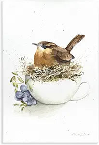 Bird Nest Teacup Floral Bird, 13 x 19 Inch Mounted Print on Wall Plaque