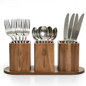 PrecisionAuto Acacia Wood Utensil Holder for Kitchen Countertop  Rustic Silverware Caddy and Organizer Box  Holds Spoons, Forks, Knives, Plates, Napkins  Cutlery and Paper Plate Storage
