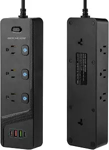 BOCHLON 6ft Extension Cord with MultipleOutlets, Flat Plug Power Plate with Long Cord, 6Ac Outlets,2 USB A(Qc3.0) and 2 USB-C(PD20W) Ports, Home Office Surge Protection (Black)