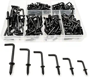 150 PCS 7 Shaped Right Angle Screw Hooks Sets,Black 6 Sizes Screw in L Shaped Hooks for Hanging Lamp,Plants,Decorations,kitchenware and DIY Crafts,(1/2",5/8",3/4",7/8",1",1-1/4")