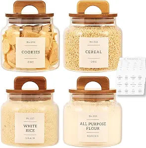4 Pack Glass Pantry Storage Containers with 132 Pantry Labels - 37 FL OZ Kitchen Glass Canisters with Bamboo Airtight Lids - Farmhouse Glass Pantry Jars for Cookie, Rice, Pasta, Cereal, Bath Salt