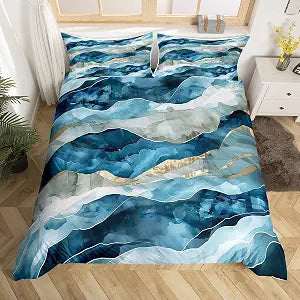 Erosebridal Marble Comforter Cover Modern Abstract Bedding Set Queen Size,Teal Blue Metallic Duvet Cover,Marbling Texture Bed Set Watercolor Gradient Room Decor