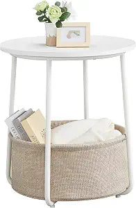 VASAGLE Small Round Side End Table, Small Nightstand with Fabric Basket