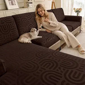 Couch Cushion Covers for Sectional Sofa Seat Cushion Cover Stretch Washable Separate Sofa Slipcovers Wear-Resistant Universal Furniture Protector (Coffee, 3 Seat Covers+1 Chaise)