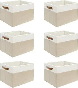 6 Pack Fabric Storage Baskets with Handles (White with Beige,15" L*10.2" W*9" H)