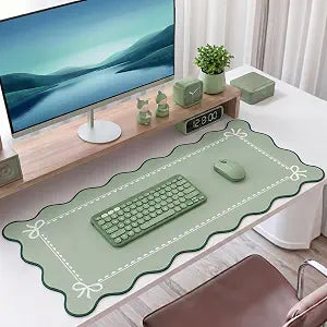 Tellegloww Scalloped Bow Desk Mat Coquette Pad, Light Green, 31.5x15.7in