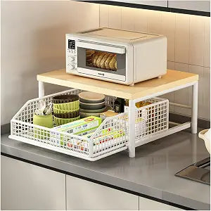 Kitchen Microwave Rack, Small Coffee Stand Shelf with Drawer Storage Basket