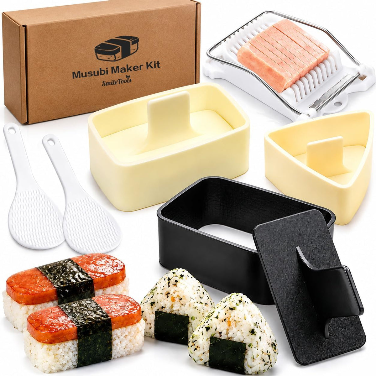 Musubi Mold Kit, Musubi Press Molds with Musubi Maker, Triangle Onigiri Mold, Rice Paddle, Luncheon Meat Slicer for SPAM