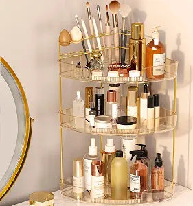 FELIZHOUSE 3-Tier Corner Bathroom Counter Organizer, Bathroom Countertop Shelf Makeup & Skincare Storage with Brush Holder for Vanity, Dresser, Kitchen - Amber