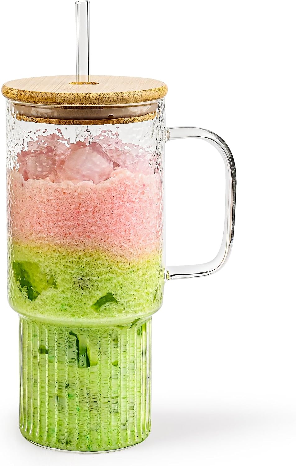 32oz Ribbed Borosilicate Glass Tumbler with Handle, Bamboo Lid and Straw (clear-1 Pack-Bamboo Lid)