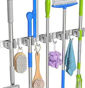Broom Holder Wall Mount Mop Organizer, 5 Racks 4 Hooks