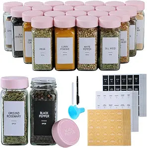 24 Glass Spice Jars with Labels, Spice Jar Set, 4oz Seasoning Containers, Spice Containers with Pink Airtight Lids and Shaker Lids, Square Empty Spice Bottles, 492 Labels, 1 Funnel
