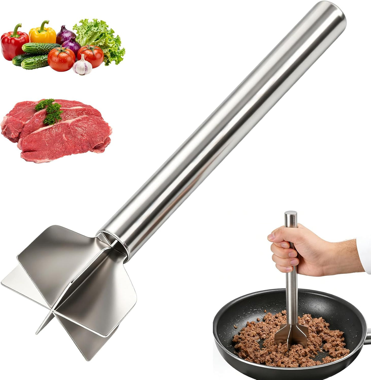 Meat Masher, Stainless Steel 6 Blade Ground Beef Chopper Tool