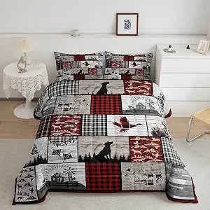 Feelyou Duck Hunting Dog Bedding Set Plaid Rustic Cabin Comforter Set Mallard Duck Comforter for Boys Girls Teens Geometric Checkered Camping Hunting Duvet Set Queen Size with 2 Pillow Case