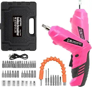 Pink Cordless Electric Screwdriver Set, 3.7V Rechargeable Small Electric Drill with 47pcs Driver Bit Set, Power 3Nm Screw Gun with 2 Position Handle, Flexible Shaft LED Light for Women