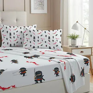 Allenjoy Twin Size Cartoon Ninja Figures Fitted Sheet Red Country Outlines Bed Flat Sheets Bedding Set Deep Pockets Up to 16" Bedroom Decor with 1 Pillowcase SC01165-009