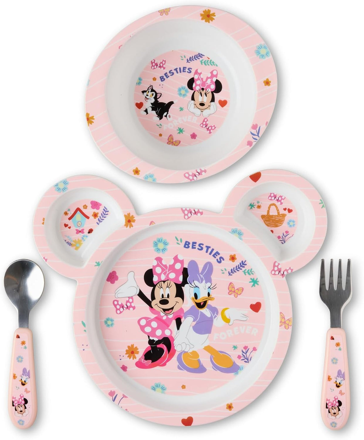The First Years Disney Minnie Mouse Kids Dinnerware Set - Includes Toddler Plate, Bowl, Fork, and Spoon - Baby Led Weaning Supplies - 4 Count- Ages 9 Months and Up